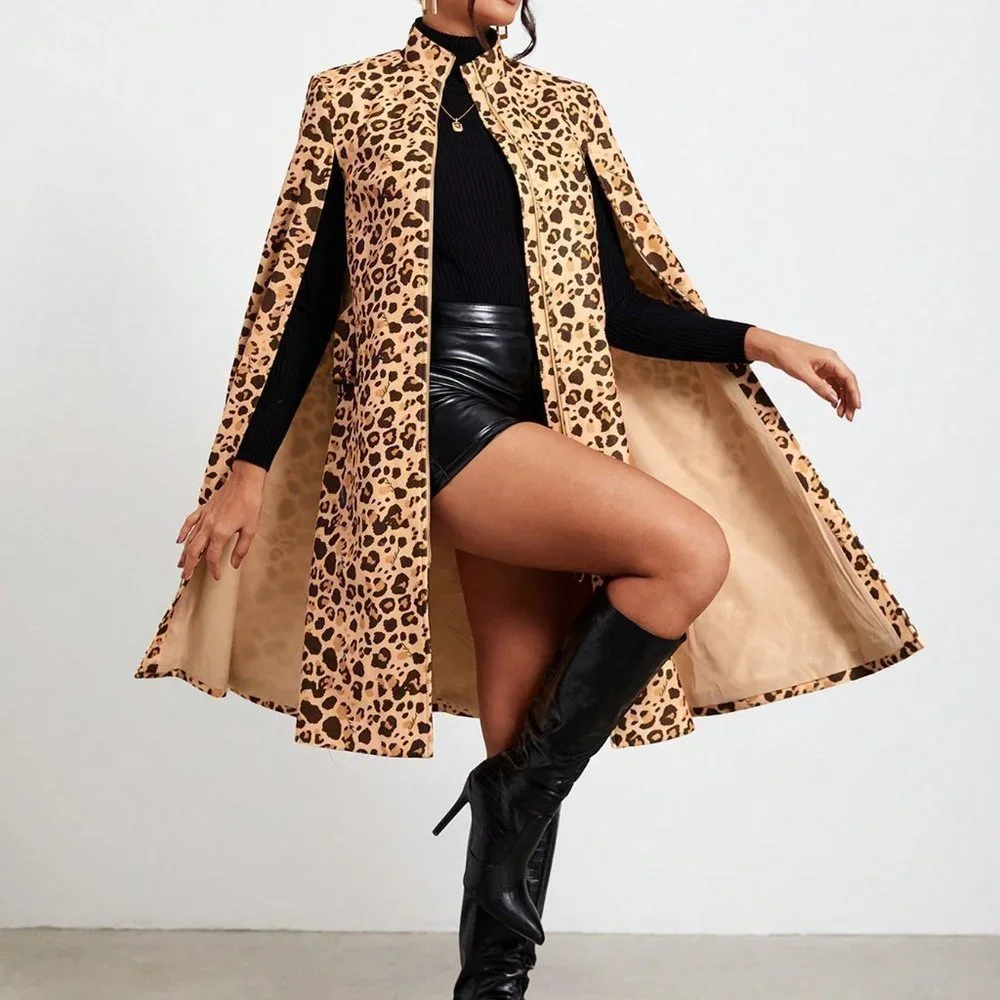 Multicolor Preppy Womens Leopard Print Cloak Sleeve Open Front Cape Coat - Picture 4 of 5